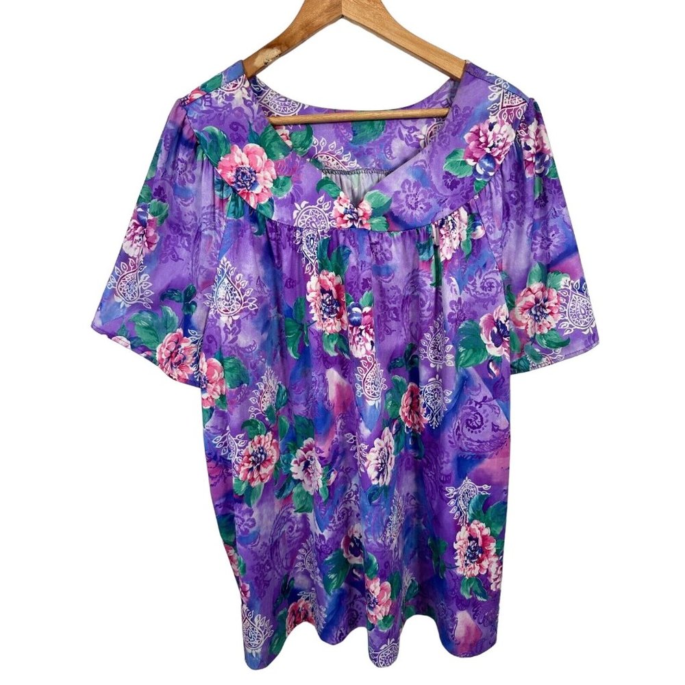 Vintage Womens 1X Top MuuMuu Shirt Short Sleeve Hawaiian Lounge Floral‎ Purple